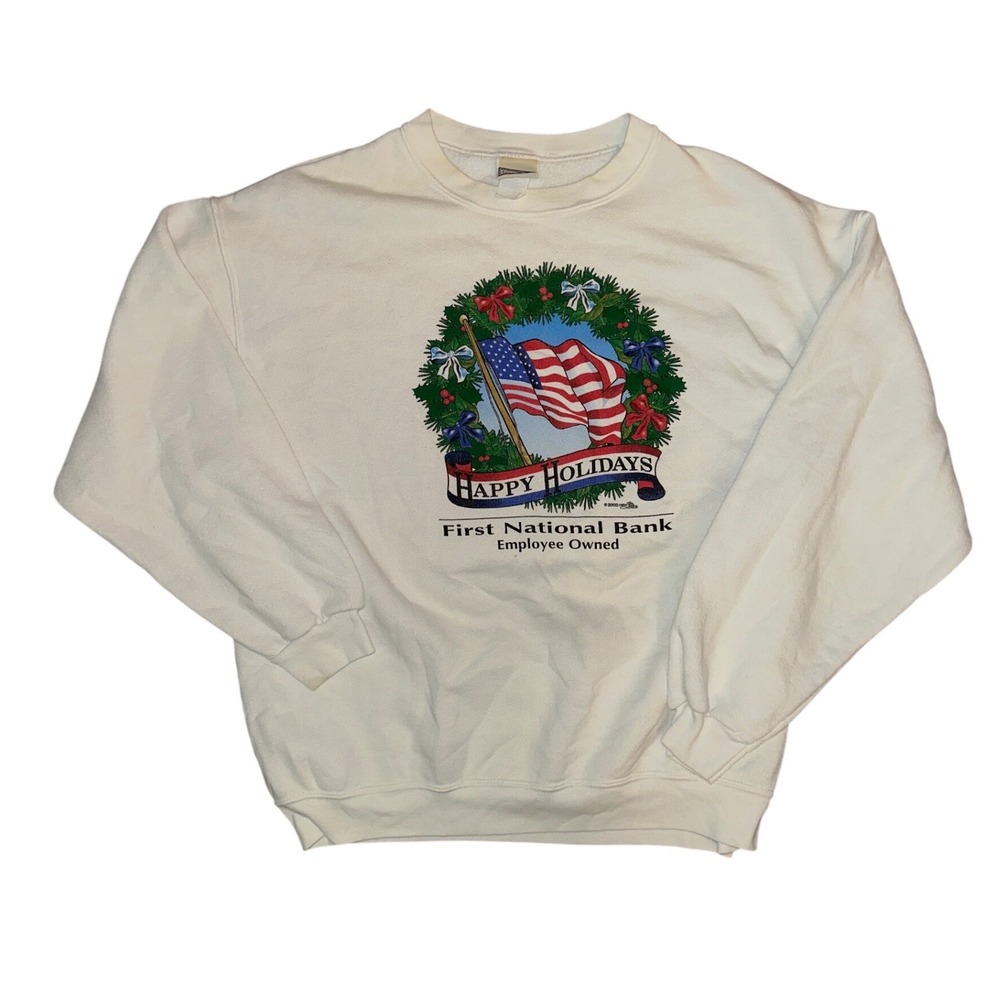 Vintage Lee Crewneck Sweatshirt White Happy Holidays First National Bank 2002